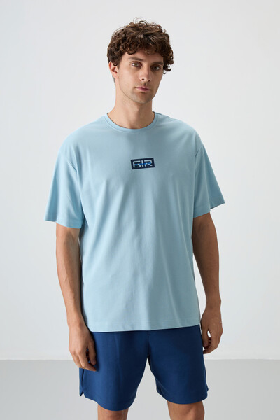 Tommylife Wholesale Crew Neck Oversize Printed Men's T-Shirt 88367 Light Blue - Thumbnail