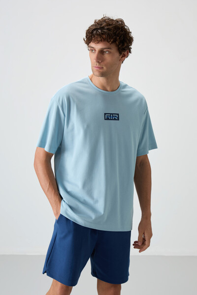 Tommylife Wholesale Crew Neck Oversize Printed Men's T-Shirt 88367 Light Blue - Thumbnail