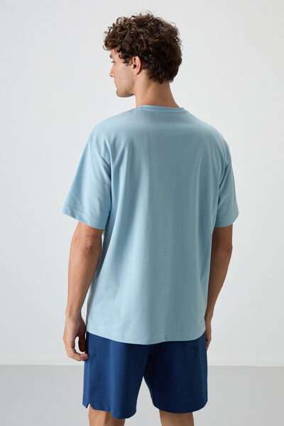 Tommylife Wholesale Crew Neck Oversize Printed Men's T-Shirt 88367 Light Blue - Thumbnail