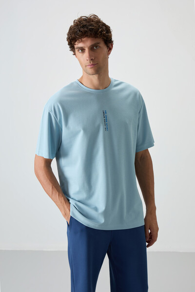 Tommylife Wholesale Crew Neck Oversize Printed Men's T-Shirt 88368 Light Blue - Thumbnail