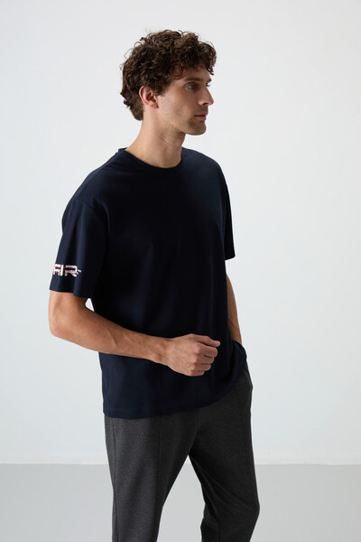 Tommylife Wholesale Crew Neck Oversize Printed Men's T-Shirt 88369 Navy Blue - Thumbnail