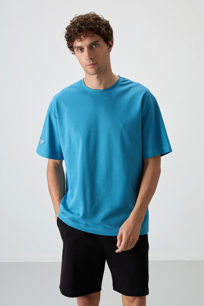 Tommylife Wholesale Crew Neck Oversize Printed Men's T-Shirt 88369 Petrol Blue - Thumbnail