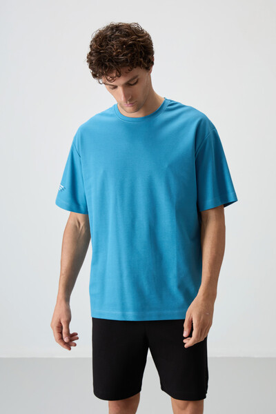 Tommylife Wholesale Crew Neck Oversize Printed Men's T-Shirt 88369 Petrol Blue - Thumbnail