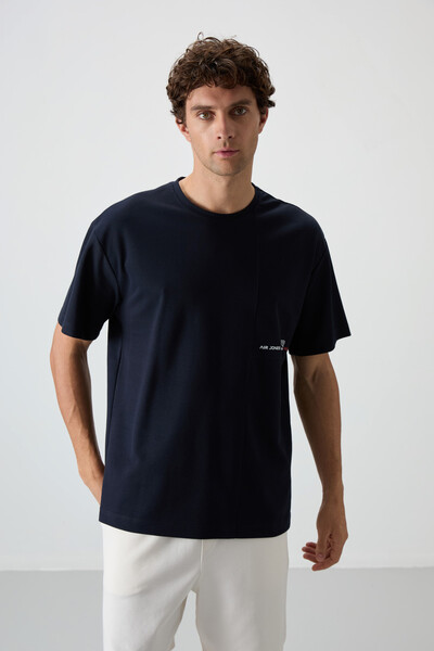 Tommylife Wholesale Crew Neck Oversize Printed Men's T-Shirt 88370 Navy Blue - Thumbnail