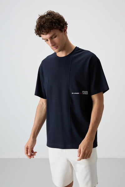 Tommylife Wholesale Crew Neck Oversize Printed Men's T-Shirt 88370 Navy Blue - Thumbnail