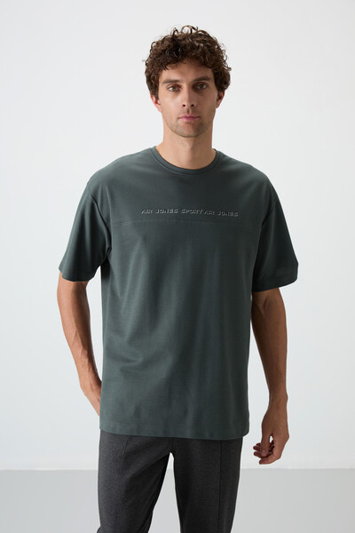 Tommylife Wholesale Crew Neck Oversize Printed Men's T-Shirt 88371 Khaki - Thumbnail