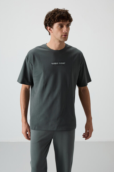 Tommylife Wholesale Crew Neck Oversize Printed Men's T-Shirt 88372 Khaki - Thumbnail