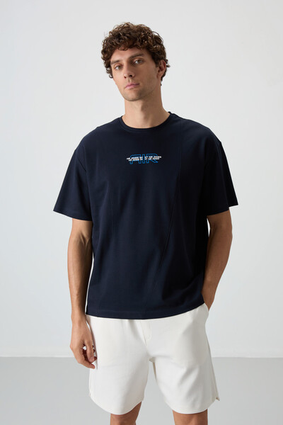 Tommylife Wholesale Crew Neck Oversize Printed Men's T-Shirt 88372 Navy Blue - Thumbnail