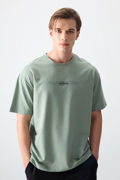 Tommylife Wholesale Crew Neck Oversize Printed Men's T-Shirt 88374 Light Green - Thumbnail