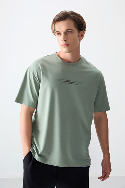 Tommylife Wholesale Crew Neck Oversize Printed Men's T-Shirt 88374 Light Green - Thumbnail