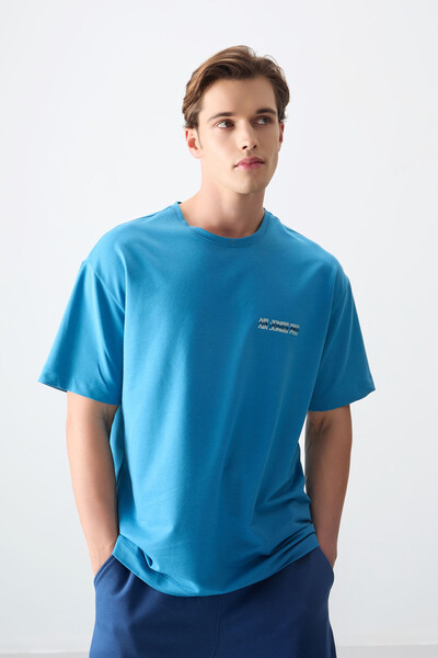 Tommylife Wholesale Crew Neck Oversize Printed Men's T-Shirt 88375 Petrol Blue - Thumbnail