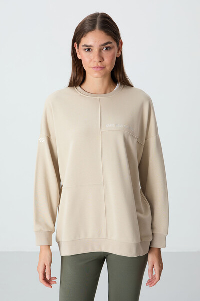 Tommylife Wholesale Crew Neck Oversize Women's Sweatshirt 97288 Beige - Thumbnail