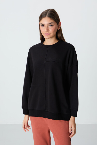 Tommylife Wholesale Crew Neck Oversize Women's Sweatshirt 97288 Black - Thumbnail