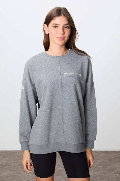 Tommylife Wholesale Crew Neck Oversize Women's Sweatshirt 97288 Gray Melange - Thumbnail