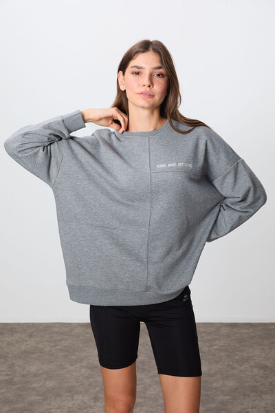 Tommylife Wholesale Crew Neck Oversize Women's Sweatshirt 97288 Gray Melange - Thumbnail