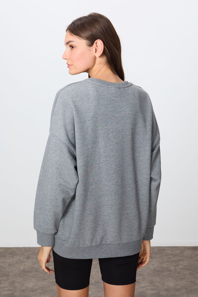 Tommylife Wholesale Crew Neck Oversize Women's Sweatshirt 97288 Gray Melange - Thumbnail