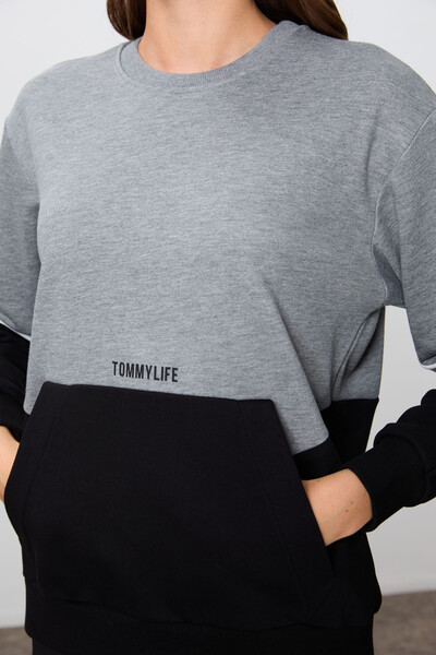 Tommylife Wholesale Crew Neck Oversize Women's Sweatshirt 97289 Gray Melange - Thumbnail