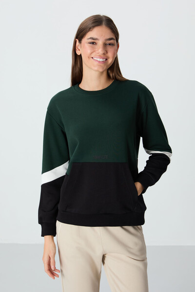 Tommylife Wholesale Crew Neck Oversize Women's Sweatshirt 97289 Pine Green - Thumbnail