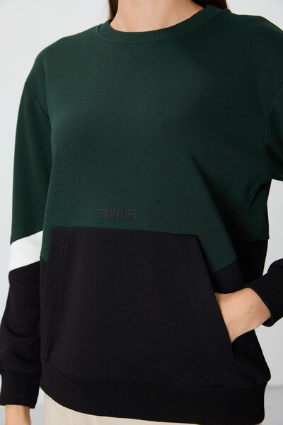 Tommylife Wholesale Crew Neck Oversize Women's Sweatshirt 97289 Pine Green - Thumbnail