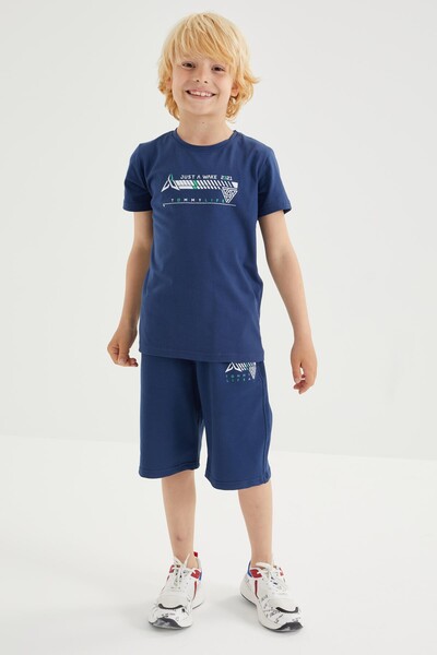 Tommylife Wholesale Crew Neck Standard Fit Boys' Shorts Set 10944 Indigo - Thumbnail