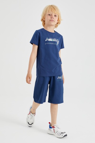 Tommylife Wholesale Crew Neck Standard Fit Boys' Shorts Set 10944 Indigo - Thumbnail