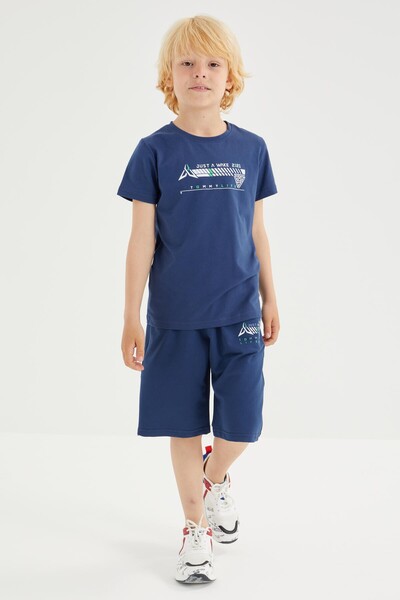 Tommylife Wholesale Crew Neck Standard Fit Boys' Shorts Set 10944 Indigo - Thumbnail