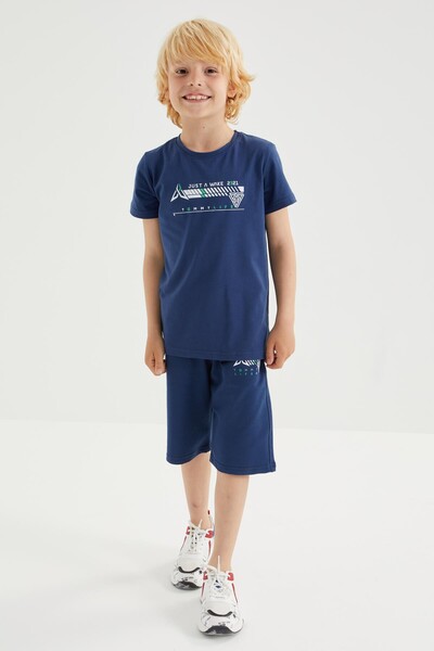 Tommylife Wholesale Crew Neck Standard Fit Boys' Shorts Set 10944 Indigo - Thumbnail