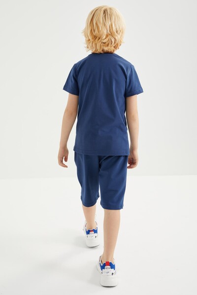 Tommylife Wholesale Crew Neck Standard Fit Boys' Shorts Set 10944 Indigo - Thumbnail