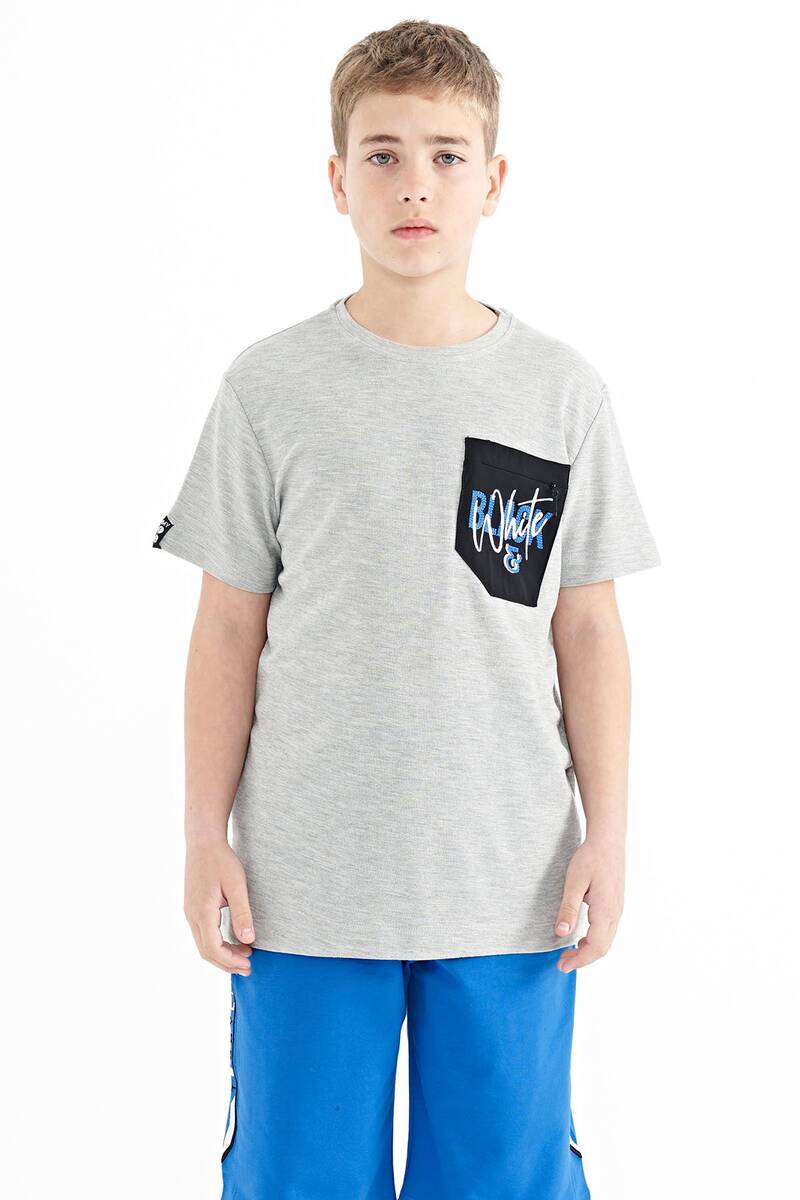 TOMMYLIFE - Tommylife Wholesale Crew Neck Standard Fit Embroidered Boys' T-Shirt 11116 Gray Melange