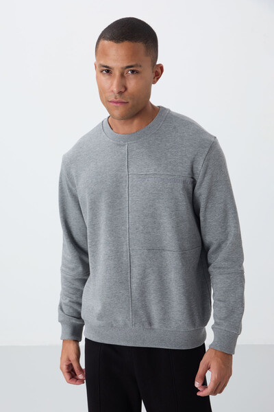 Tommylife Wholesale Crew Neck Standard Fit Men's Sweatshirt 88405 Gray Melange - Thumbnail