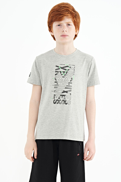 Tommylife Wholesale Crew Neck Standard Fit Printed Boys' T-Shirt 11099 Gray Melange - Thumbnail