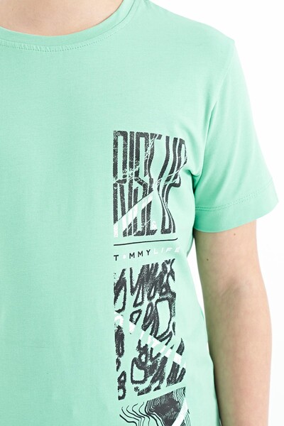 Tommylife Wholesale Crew Neck Standard Fit Printed Boys' T-Shirt 11104 Aqua Green - Thumbnail