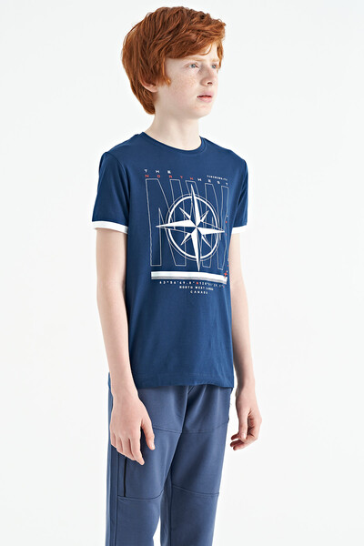 Tommylife Wholesale Crew Neck Standard Fit Printed Boys' T-Shirt 11106 Indigo - Thumbnail
