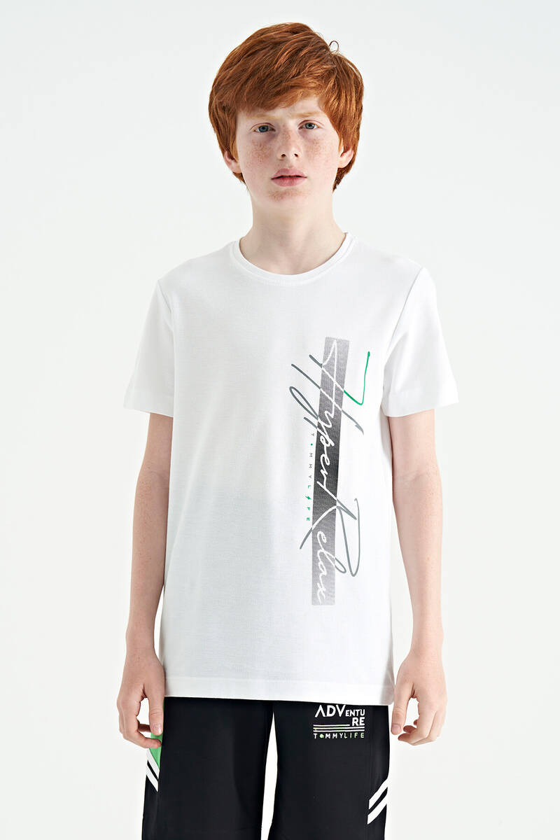TOMMYLIFE - Tommylife Wholesale Crew Neck Standard Fit Printed Boys' T-Shirt 11119 White