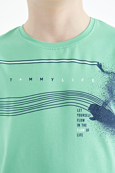 Tommylife Wholesale Crew Neck Standard Fit Printed Boys' T-Shirt 11133 Aqua Green - Thumbnail