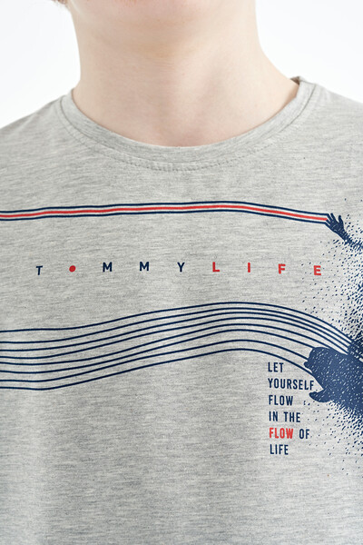 Tommylife Wholesale Crew Neck Standard Fit Printed Boys' T-Shirt 11133 Gray Melange - Thumbnail