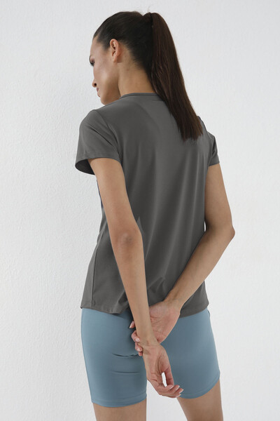 Tommylife Wholesale Dark Gray Basic Short Sleeve Bike Collar Women's T-shirt - 97144 - Thumbnail