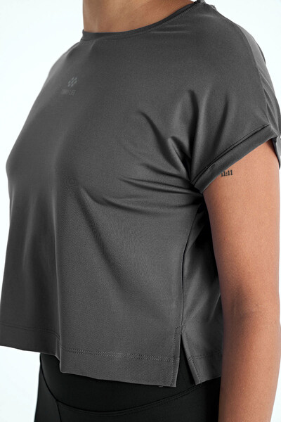 Tommylife Wholesale Dark Gray Crew Neck Oversize Women's Crop T-Shirt - 97262 - Thumbnail