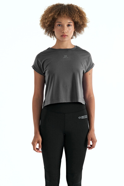 Tommylife Wholesale Dark Gray Crew Neck Oversize Women's Crop T-Shirt - 97262 - Thumbnail