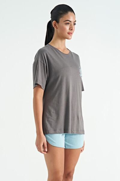 Tommylife Wholesale Dark Gray O-Neck Oversize Women's T-shirt - 02232 - Thumbnail