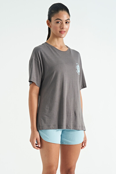 Tommylife Wholesale Dark Gray O-Neck Oversize Women's T-shirt - 02232 - Thumbnail