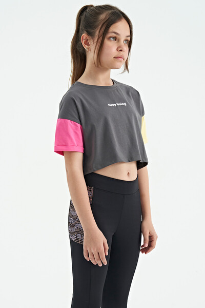 Tommylife Wholesale Dark Gray Printed Round Neck Oversize Girls T-Shirt - 75130 - Thumbnail