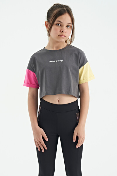 Tommylife Wholesale Dark Gray Printed Round Neck Oversize Girls T-Shirt - 75130 - Thumbnail