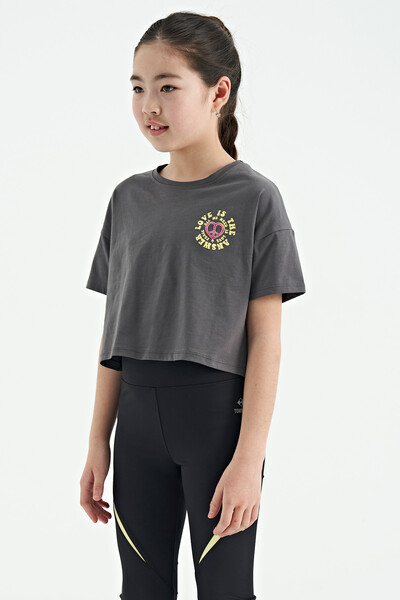 Tommylife Wholesale Dark Gray Round Neck Oversize Short Sleevelu Girls T-Shirt - 75126 - Thumbnail