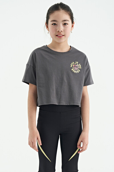 Tommylife Wholesale Dark Gray Round Neck Oversize Short Sleevelu Girls T-Shirt - 75126 - Thumbnail