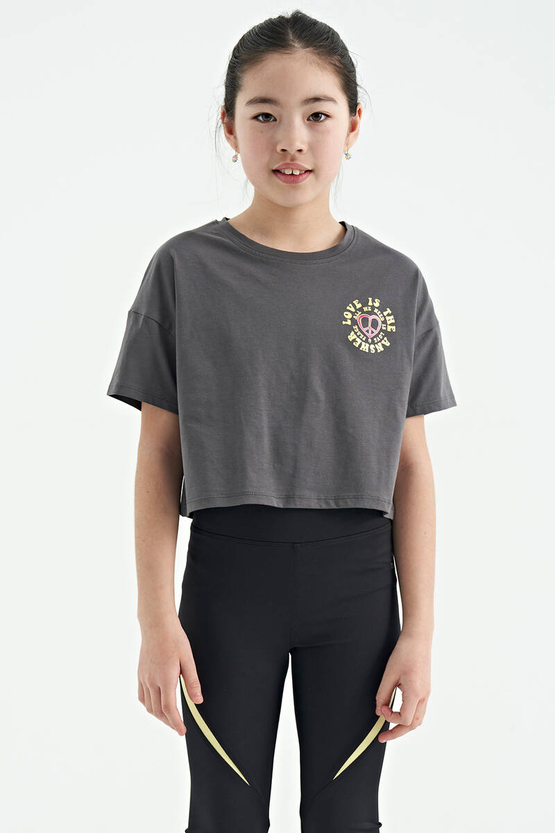 TOMMYLIFE - Tommylife Wholesale Dark Gray Round Neck Oversize Short Sleevelu Girls T-Shirt - 75126