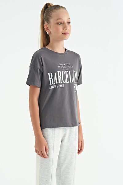 Tommylife Wholesale Dark Gray Round Neck Printed Oversize Girls T-Shirt - 75115 - Thumbnail