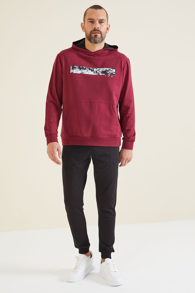 Tommylife Wholesale Dustin Hooded Standard Fit Printed Men's Sweatshirt 88136 Bordeaux - Thumbnail