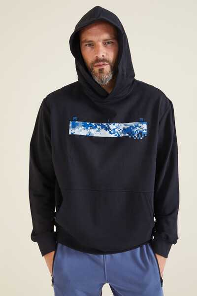 Tommylife Wholesale Dustin Hooded Standard Fit Printed Men's Sweatshirt 88136 Navy Blue - Thumbnail