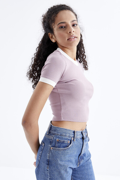 Tommylife Wholesale Dusty Rose Basic Crew Neck Women's Crop Top T-Shirt - 97200 - Thumbnail